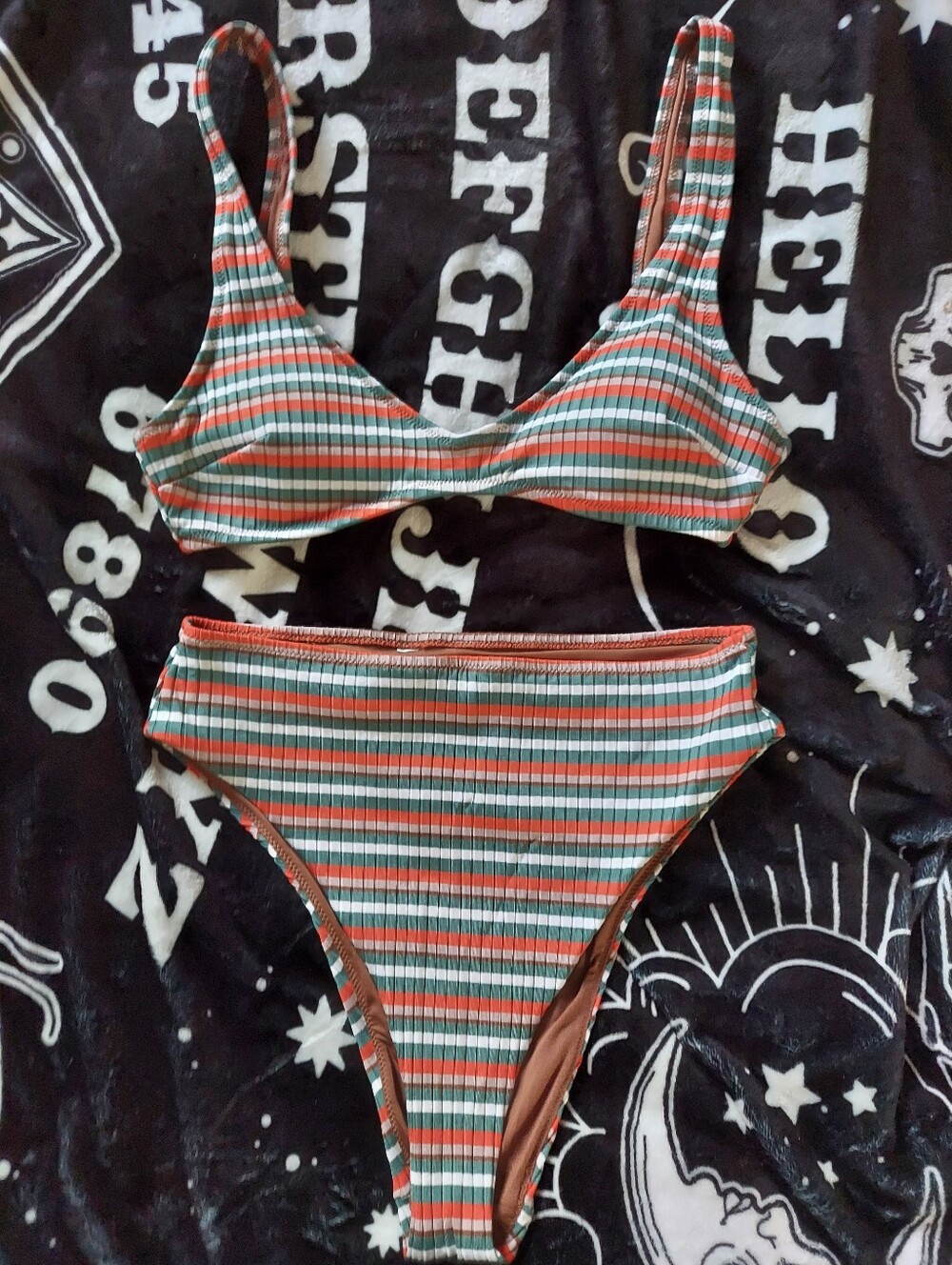 aerie Striped Ribbed Bikini Set in Green, Orange, White